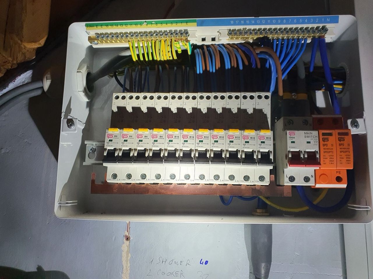 Open consumer unit with individual RCBO breakers fitted by BES Electric